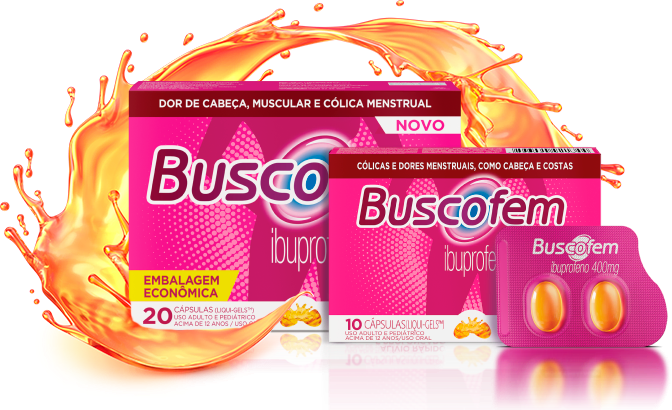 Embalagens dos produtos de Buscofem em cápsulas Liqui-gels.