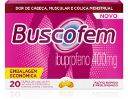 Embalagem de Buscofem com 20 cápsulas Liqui-Gels™.