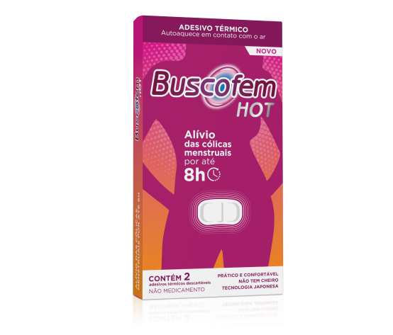 Embalagem de Buscofem™ HOT com 2 adesivos.